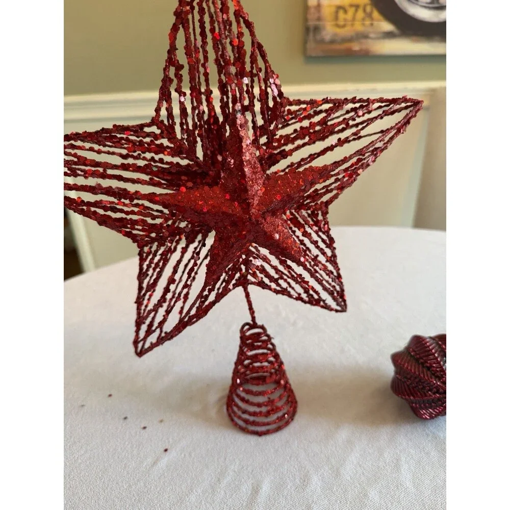 Christmas Tree Topper Star  and red  ornaments - Christmas Theme Decor